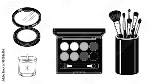 Elegant set of essential makeup tools including a powder compact, eyeshadow palette, and various cosmetic brushes.