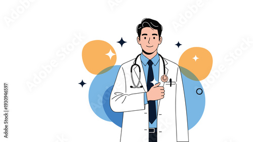 Friendly male doctor in a professional white lab coat and stethoscope giving a positive and confident thumbs up gesture.