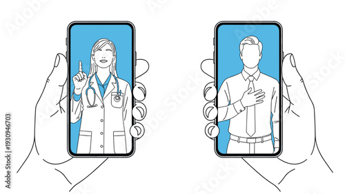 Two hands holding smartphones during an online medical consultation between a female doctor and a male patient.