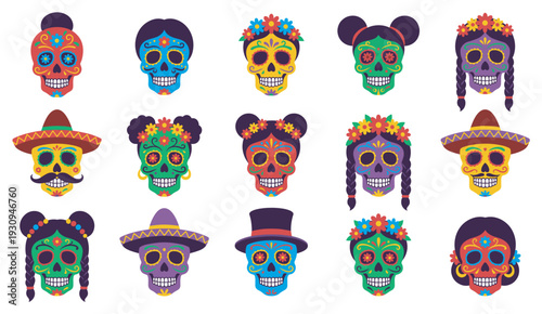 Colorful sugar skulls collection with traditional Mexican decorations and vibrant patterns representing the festive spirit of Dia de los Muertos celebration.