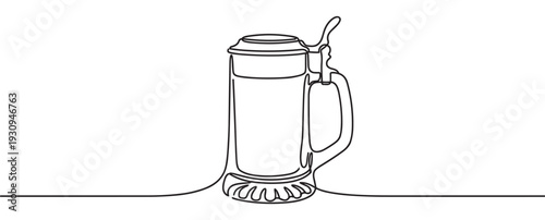 Traditional beer stein continuous line drawing art illustration depicting a classic German drinking vessel with a hinged lid.