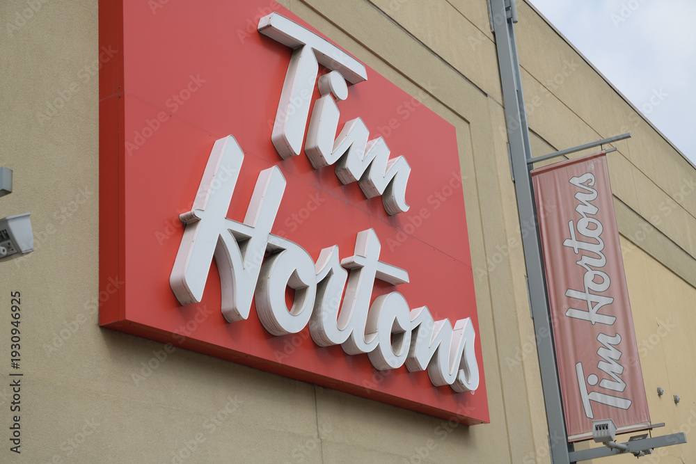 Fototapeta premium sign outside Tim Hortons, a coffee shop chain, located here at Gerrard Square Shopping Centre, 1000 Gerrard St E, Toronto