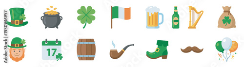 St. Patrick's Day celebration icons set featuring traditional Irish symbols and festive elements for holiday designs and events.
