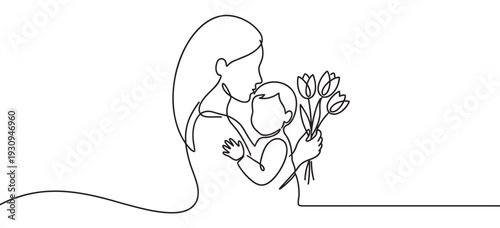 Mother and baby embrace lovingly, holding a delicate bouquet of tulips, symbolizing maternal affection and joy.