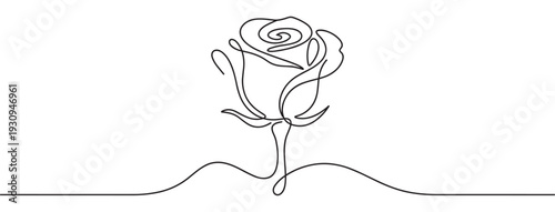 Single elegant rose drawn in continuous line art style, symbolizing love, beauty, passion, and romance with a minimalist artistic flair.