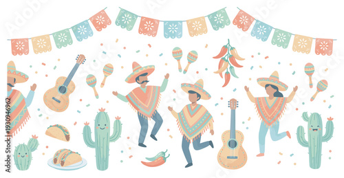 Vibrant Mexican fiesta celebration with cheerful dancing people, traditional instruments, delicious food, and colorful decorations.