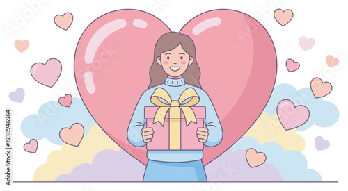 Smiling woman holding a festive gift box joyfully presents her thoughtful present, standing in front of a large pink heart.