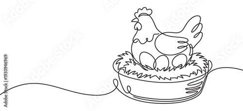 Continuous line drawing chicken sitting on a nest with eggs, symbolizing farm life and natural food production.