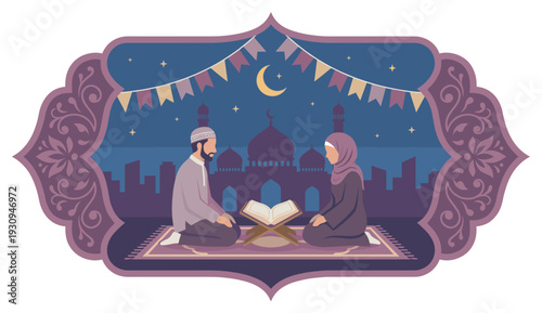 Muslim couple reading holy Quran together during Ramadan celebration under a crescent moon and festive bunting.