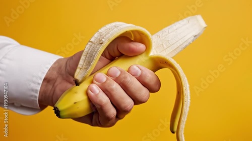 Wallpaper Mural Person peeling a ripe yellow banana against an orange background Torontodigital.ca