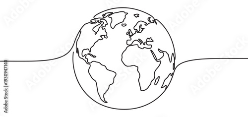 Continuous line drawing of Earth globe showing continents with a minimalist artistic style representing global connection and unity.
