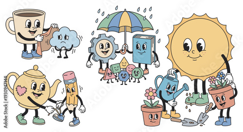 Friendly cartoon characters showing kindness and cooperation through various helpful and caring actions in a playful style.