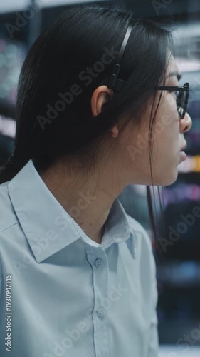 Asian Businesswoman Operates at Multi Monitor Workstation in Modern Stock Exchange Hub. Female Trader in Stylish Eyeglasses Reviewing Real Time Financial Data on Screens and Tablets. Vertical Shot.