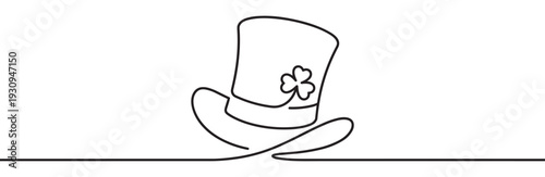 Top hat with a shamrock is elegantly drawn in a continuous line art style, symbolizing Irish luck and celebration.