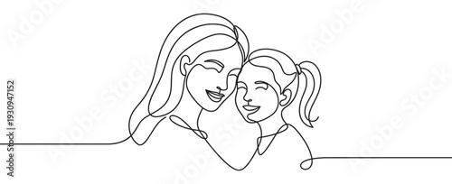 Mother and daughter continuous line drawing portrait smiling together, beautifully illustrating the strong bond and love within a family.