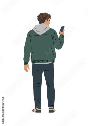 Full body flat illustration of a Caucasian man viewed from behind, wearing a hoodie and jacket, chinos, sneakers, holding a phone, with messy hair