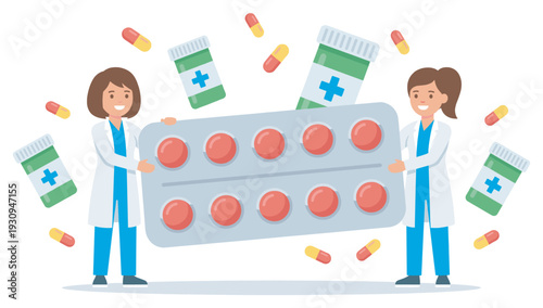 Two female doctors holding a large blister pack of red pills, surrounded by various medications and prescription bottles.
