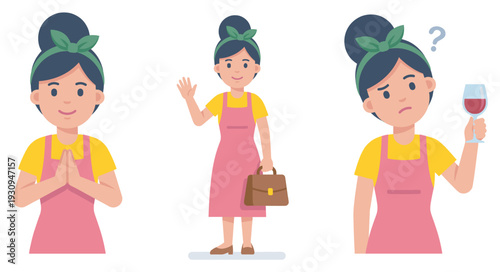 Female character in various poses and expressions, including greeting, praying, and showing confusion with a glass of wine.