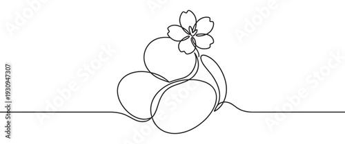 Three eggs and a beautiful flower drawn in a continuous line art style, symbolizing spring and new beginnings.