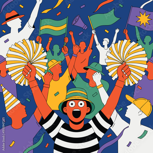 A cartoon crowd cheers at an event with colorful confetti