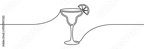 Margarita glass continuous line drawing with a refreshing citrus slice garnish, perfect for illustrating summer beverages and party themes.