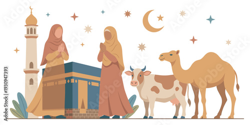 Muslim women praying near Kaaba and minaret with animals, celebrating an Islamic holiday under a crescent moon and stars.