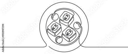 Four delicious square desserts with walnuts on a plate, elegantly depicted through a minimalist continuous line art illustration.