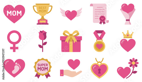 Mother's Day icons and symbols collection featuring various elements celebrating love, appreciation, and special moments for mothers and motherhood.