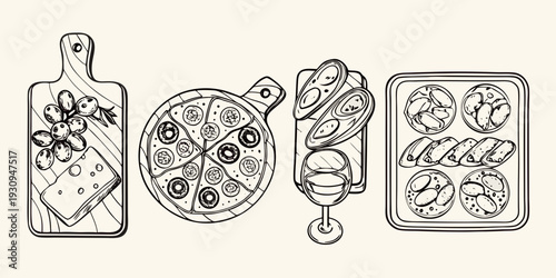 Line art illustration featuring various baked goods and food arrangements