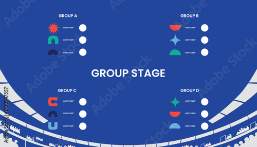 A blue and white group stage bracket for a sports tournament