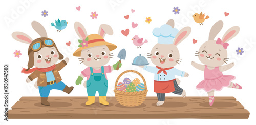 Four adorable cartoon rabbits dressed in various professional outfits are celebrating spring with colorful Easter eggs.