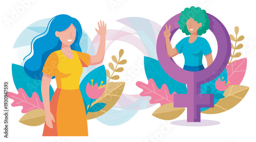 Two women celebrating female empowerment and gender equality with vibrant illustrations and symbolic gestures.