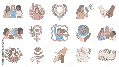 Diverse women's rights and empowerment illustrations promoting global peace, unity, and environmental care through various symbolic gestures.