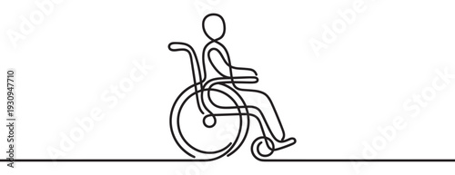 Person in a wheelchair continuous line drawing represents accessibility and inclusion for individuals with mobility challenges.