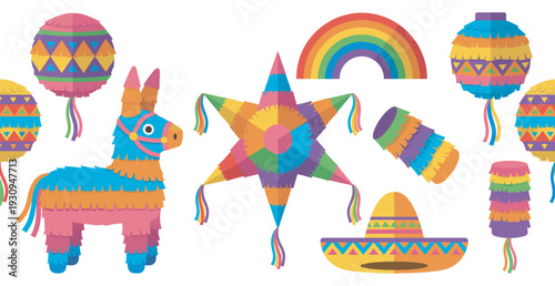 Colorful piñatas, donkey, star, and other festive Mexican celebration elements are arranged in a vibrant pattern.