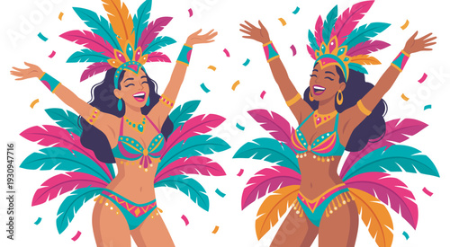 Two carnival dancers joyfully celebrate with vibrant costumes and falling confetti, embodying the spirit of a festive parade.