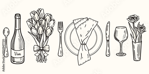 A charming sketch of a table setting with wine flowers and cutlery