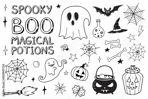 Hand drawn halloween illustration with ghosts potions and spooky elements