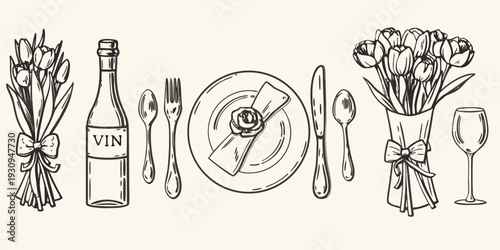 A sketched table setting with flowers wine and dining elements