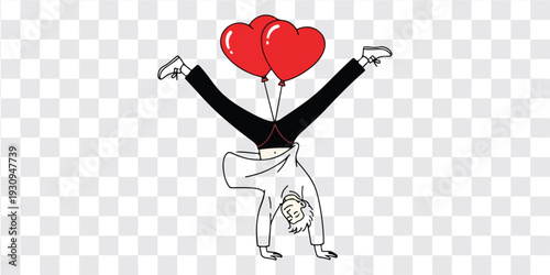 Handstand man with heart balloons vector illustration of happy male character doing handstand with red heart-shaped balloons isolated on transparent background