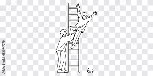 Teamwork helping person climb ladder reaching high vector illustration