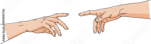 Two human hands reaching out to touch fingers in creation of adam style illustration isolated on white background cad drawing