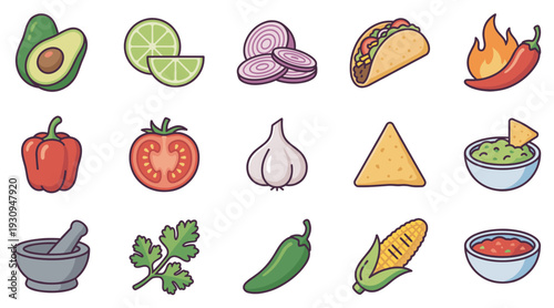 Traditional Mexican cuisine ingredients and dishes are depicted in a vibrant collection of colorful flat design icons.