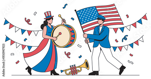 Patriotic people celebrate American holiday with flag and drum, surrounded by festive bunting and falling confetti.