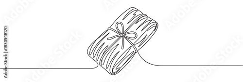 Wrapped gift package with a decorative bow tied around it, beautifully rendered in a minimalist continuous line art style illustration.