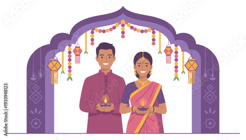 Indian couple joyfully celebrating a traditional festival, holding glowing lit diyas under a beautifully decorated archway adorned with colorful lanterns and garlands.