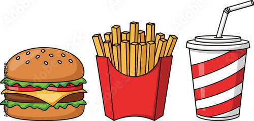 Fast food meal vector illustration, cheeseburger with french fries and soda cup, delicious takeaway combo for restaurant menus and delivery.