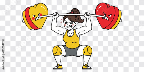 Woman squatting barbell heart shaped weights gym workout vector illustration