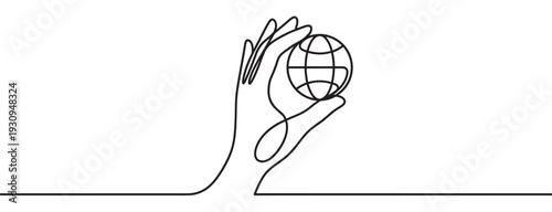 Hand holding globe in continuous line art drawing style representing global unity, environmental protection, and human responsibility for the planet.