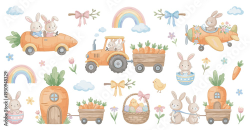 Adorable Easter bunnies and charming spring elements create a delightful collection of whimsical illustrations for children.